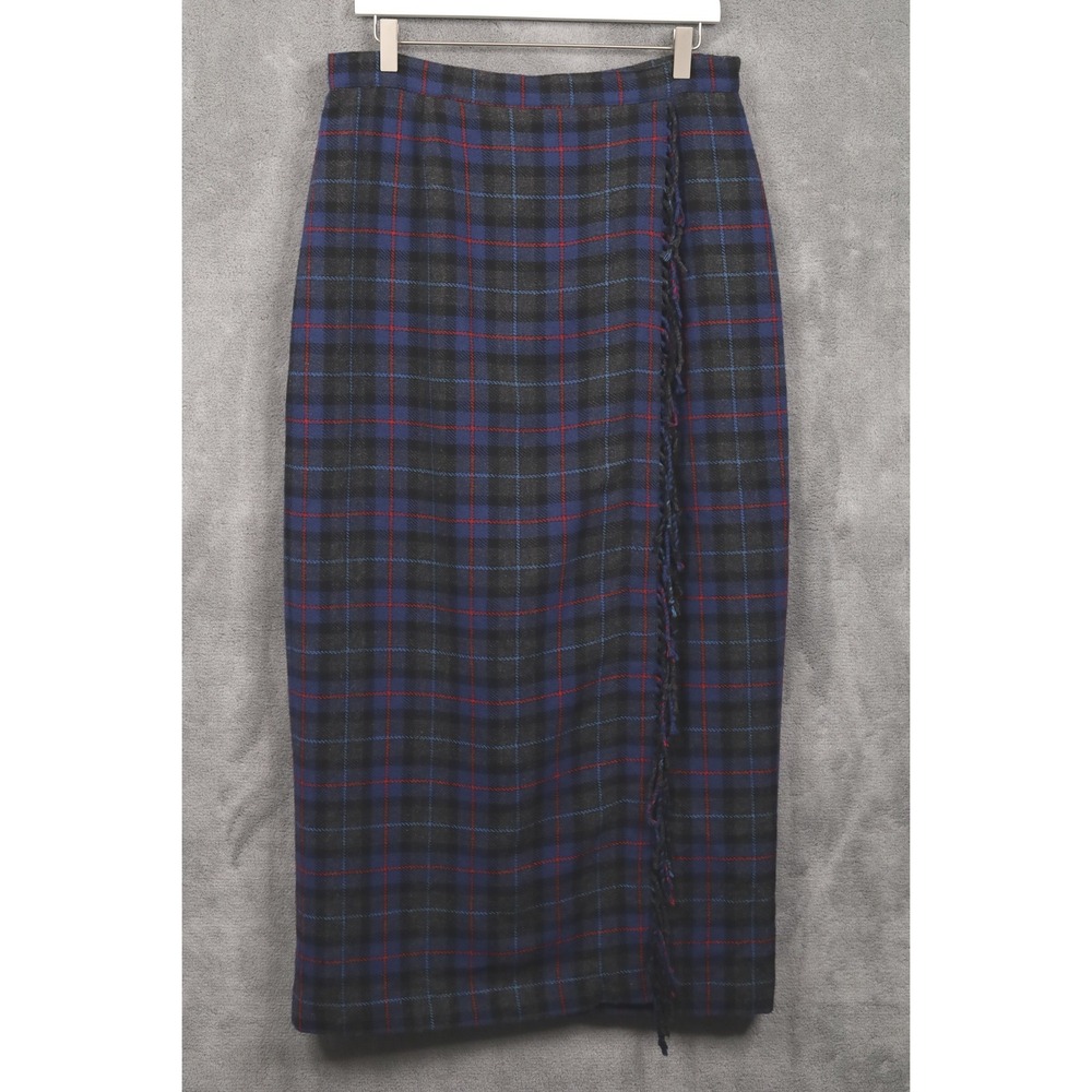 VTG 80s Plaid Wool Flannel Maxi Blanket Wrap Skirt Fringe Winter Preppy Sz 16/L‎